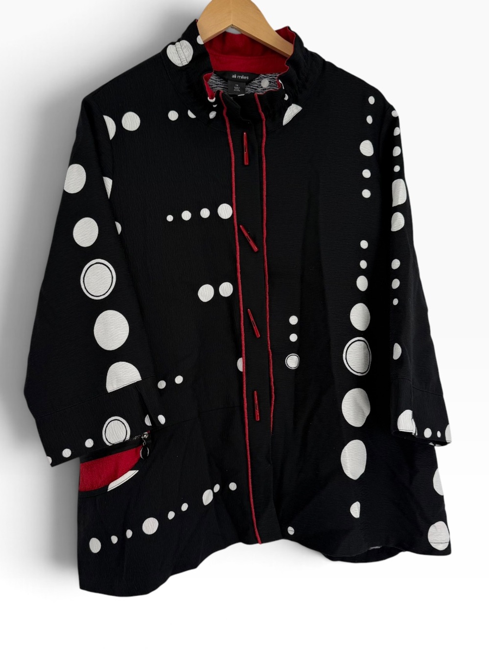 Ali Miles Jacket Blazer Artsy Wire Collar Black Dot Size 1X Red Trim Women